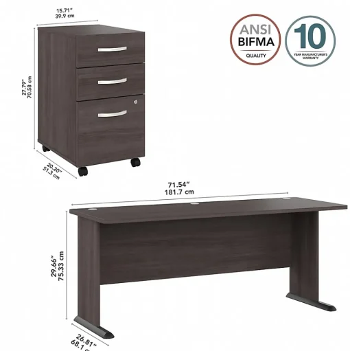 Bush Business Furniture Computer Desks<Studio A 72"W Computer Desk with 3 Drawer Mobile File Cabinet, Storm Gray (STA004SGSU)