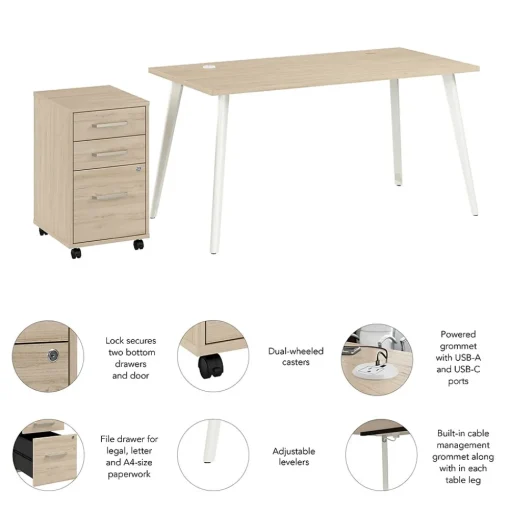 Bush Business Furniture Office Desks<Vista 60"W Desk with 3 Drawer Mobile File Cabinet, Natural Elm (VST002NESU)