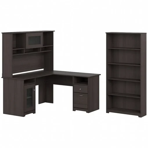 Bush Furniture L-Desks<Cabot 60"W L Shaped Computer Desk with Hutch and 5 Shelf Bookcase, (CAB011HRG)