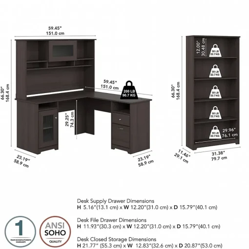 Bush Furniture L-Desks<Cabot 60"W L Shaped Computer Desk with Hutch and 5 Shelf Bookcase, (CAB011HRG)
