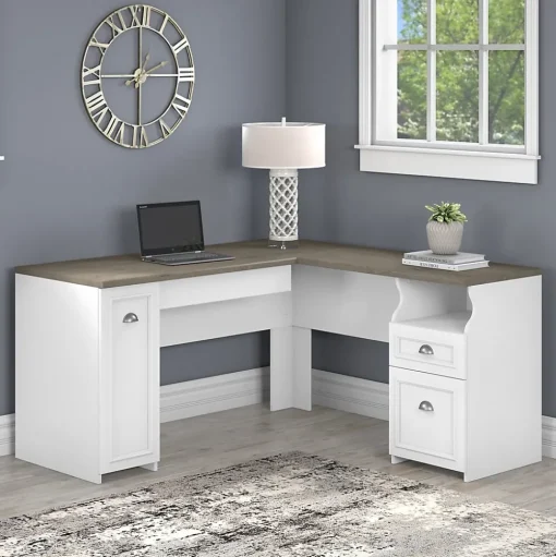 Bush Furniture L-Desks<Fairview 60"W L Shaped Desk with Drawers and Storage Cabinet, (WC53630-03K)