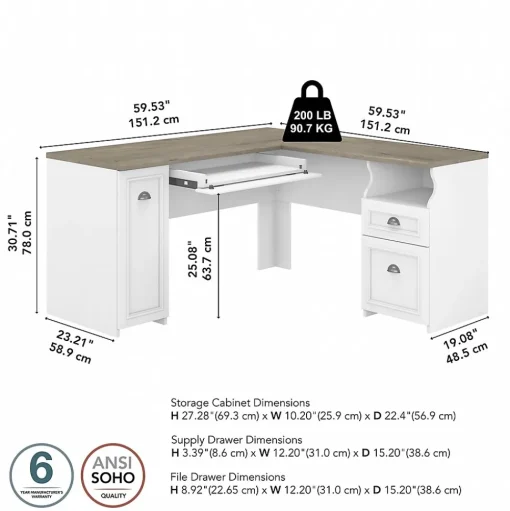Bush Furniture L-Desks<Fairview 60"W L Shaped Desk with Drawers and Storage Cabinet, (WC53630-03K)