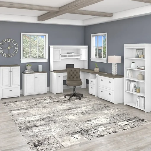Bush Furniture L-Desks<Fairview 60"W L Shaped Desk with Drawers and Storage Cabinet, (WC53630-03K)