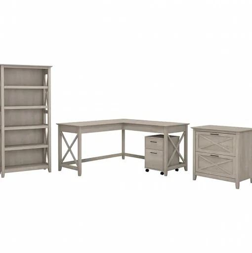 Bush Furniture L-Desks<Key West 60"W L Shaped Desk with File Cabinets and 5 Shelf Bookcase, Washed Gray (KWS017WG)