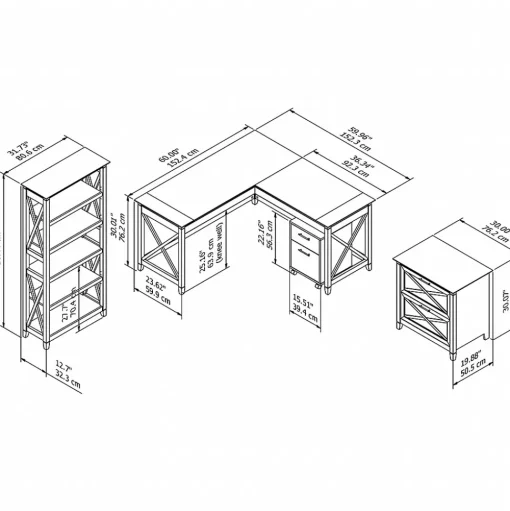 Bush Furniture L-Desks<Key West 60"W L Shaped Desk with File Cabinets and 5 Shelf Bookcase, Washed Gray (KWS017WG)