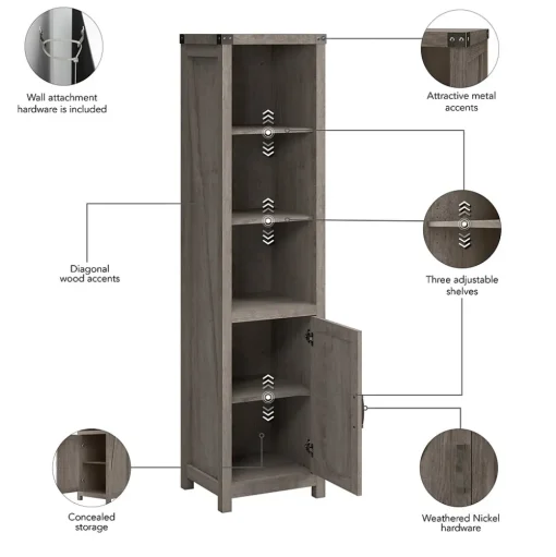 Bush Furniture Bookcases<Knoxville 72"H 5-Shelf Bookcase with Door, Restored Gray (CGB118RTG-03)