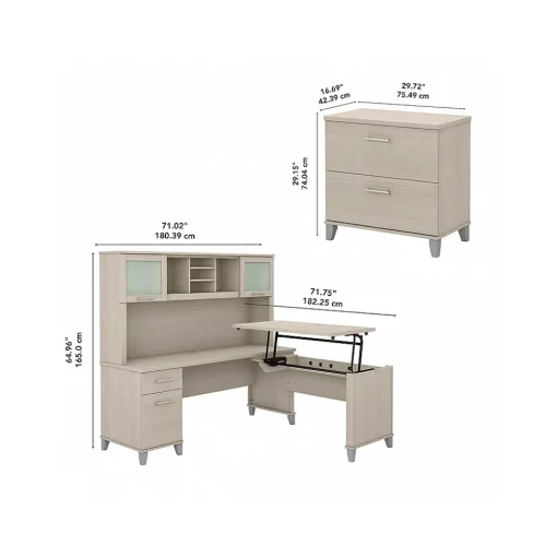 Bush Furniture L-Desks<Somerset 72"W 3 Position Sit to Stand L Shaped Desk with Hutch and File Cabinet, (SET016SO)