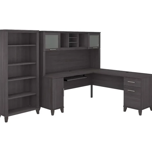 Bush Furniture L-Desks<Somerset 72"W L Shaped Desk with Hutch and 5 Shelf Bookcase, (SET011SG)