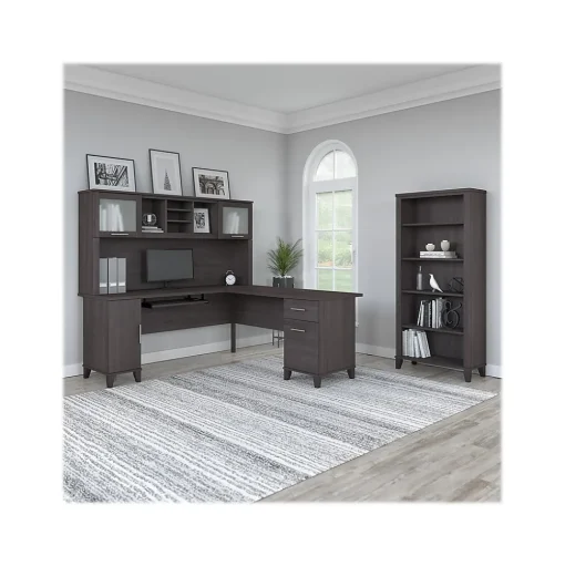 Bush Furniture L-Desks<Somerset 72"W L Shaped Desk with Hutch and 5 Shelf Bookcase, (SET011SG)