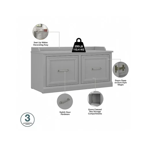 Bush Furniture Storage Cabinets<Woodland 40W Shoe Storage Bench with Doors and Wall Mounted Coat Rack, Cape Cod Gray (WDL003CG)
