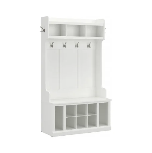 Bush Furniture Storage Cabinets<Woodland 40W Hall Tree and Shoe Storage Bench with Shelves, White Ash (WDL002WAS)