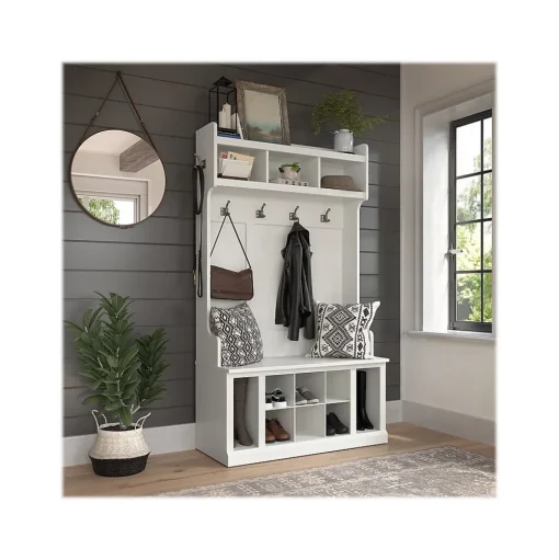 Bush Furniture Storage Cabinets<Woodland 40W Hall Tree and Shoe Storage Bench with Shelves, White Ash (WDL002WAS)