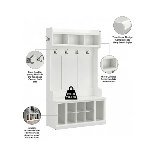 Bush Furniture Storage Cabinets<Woodland 40W Hall Tree and Shoe Storage Bench with Shelves, White Ash (WDL002WAS)