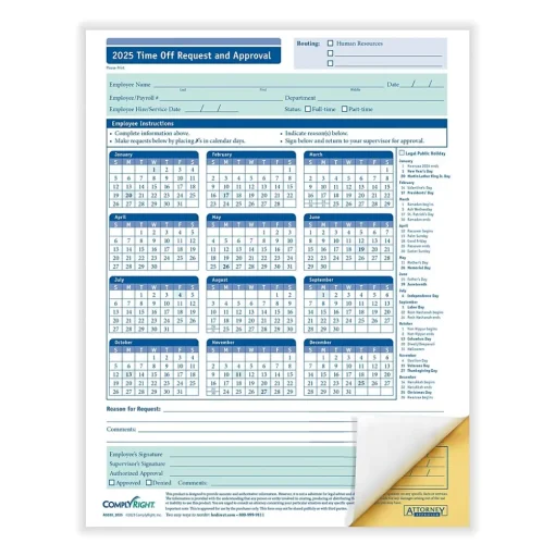 ComplyRight Hr Forms<2025 Time Off Request and Approval Form, 2-Part, 50 Forms/Pack (A0030)