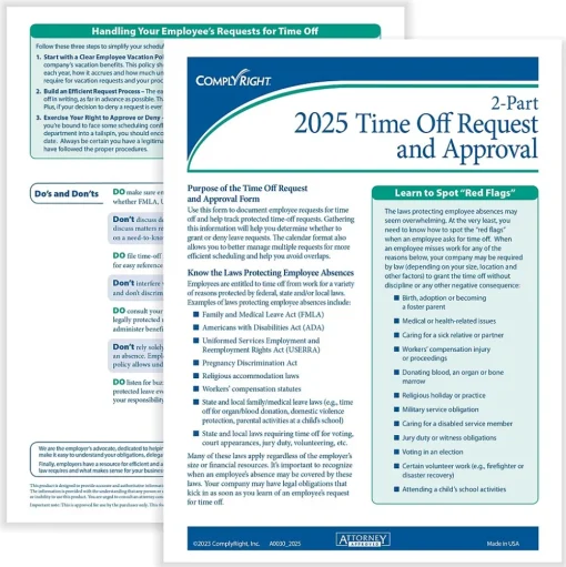 ComplyRight Hr Forms<2025 Time Off Request and Approval Form, 2-Part, 50 Forms/Pack (A0030)