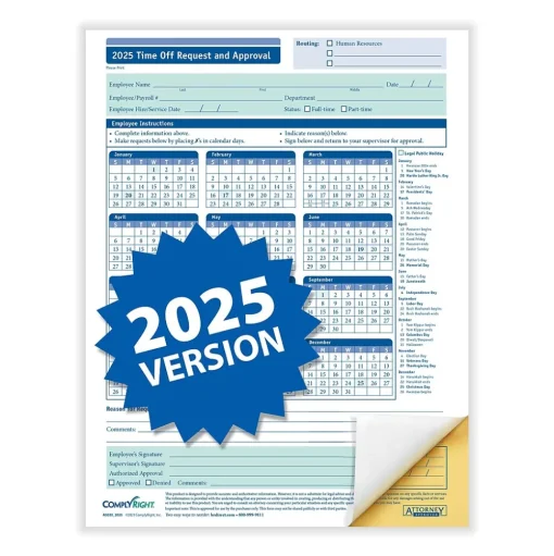 ComplyRight Hr Forms<2025 Time Off Request and Approval Form, 2-Part, 50 Forms/Pack (A0030)