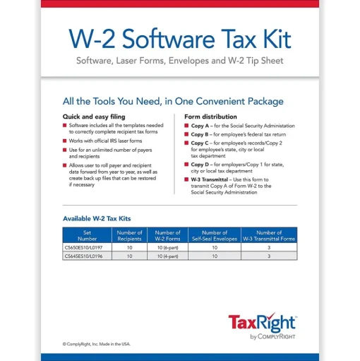 ComplyRight Tax Forms<TaxRight 2024 W-2 Tax Form Tax Forms, Envelopes, TipSheet & Software, 4-Part, 10/Pack (SC5645ES10)