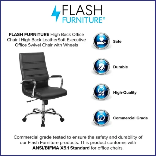 Flash Furniture Ergonomic Chairs<Whitney Ergonomic LeatherSoft Swivel High Back Executive Office Chair, Black/Chrome (GO2286HBK)
