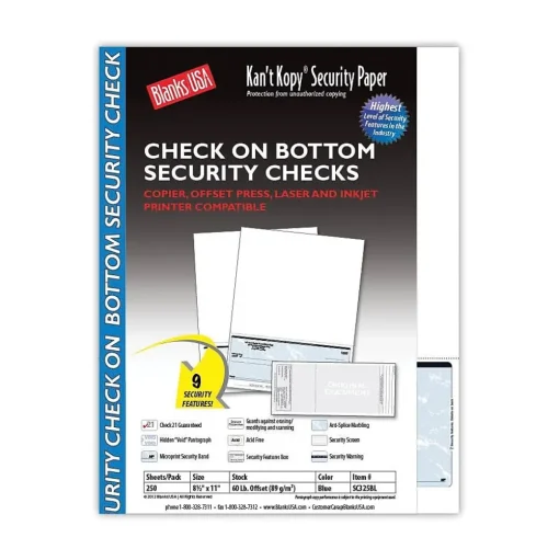 Kan't Kopy Security & Carbon<® Blank/USA® 8 1/2" x 11" 60 lbs. Security Check on Bottom Paper, Void Blue, 250/Pack