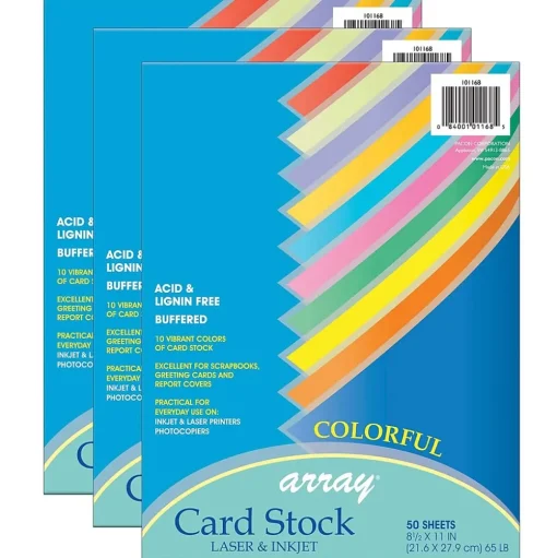 Pacon Card Stock<Array Card Stock, 65 lbs., 8.5" x 11", Assorted Colors, 50 Sheets/Pack, 3 Packs (PAC101168-3)