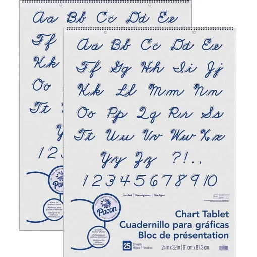 Pacon Easel Paper Pads<Unruled Cursive Cover Chart Tablet Easel Pad, 24" x 32", White, 25 Sheets/Pad, Pack of 2 (PAC74510-2)