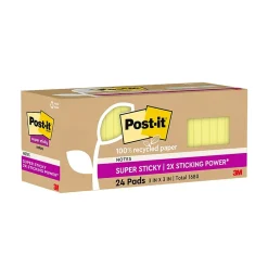 Post-it Post-It Notes<100% Recycled Paper Super Sticky Notes, 3" x 3", Canary Collection, 70 Sheets/Pad, 24 Pads/Pack (654R-24SSCY-CP)