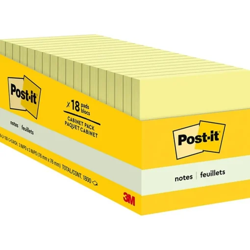 Post-it Post-It Notes<Notes, 3" x 3", Canary Collection, 90 Sheet/Pad, 18 Pads/Pack (654-18CP)