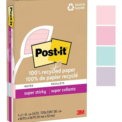 Post-it Post-It Notes<Recycled Super Sticky Notes, 4" x 6", Collection, 45 Sheet/Pad, 4 Pads/Pack (4621R-4SSNRP)