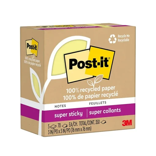 Post-it Post-It Notes<Recycled Super Sticky Notes, 3" x 3", Canary Collection, 70 Sheet/Pad, 5 Pads/Pack (654R-5SSCY)