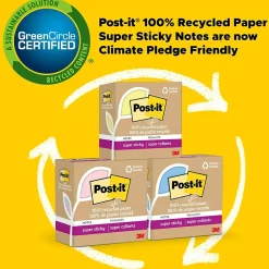 Post-it Post-It Notes<Recycled Super Sticky Notes, 3" x 3", Canary Collection, 70 Sheet/Pad, 5 Pads/Pack (654R-5SSCY)