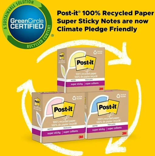 Post-it Post-It Notes<Recycled Super Sticky Notes, 3" x 3", Canary Collection, 70 Sheet/Pad, 5 Pads/Pack (654R-5SSCY)
