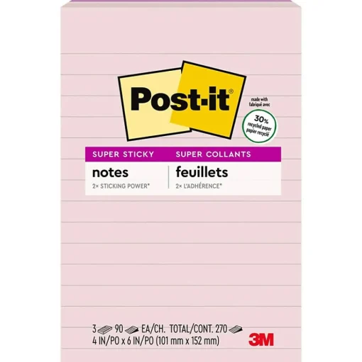 Post-it Post-It Notes<Recycled Super Sticky Notes, 4" x 6", Wanderlust Pastels Collection, Lined, 90 Sheet/Pad, 3 Pads/Pack (6603SSNRP)