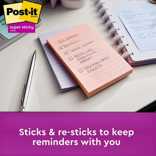 Post-it Post-It Notes<Recycled Super Sticky Notes, 4" x 6", Wanderlust Pastels Collection, Lined, 90 Sheet/Pad, 3 Pads/Pack (6603SSNRP)