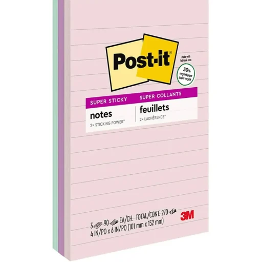 Post-it Post-It Notes<Recycled Super Sticky Notes, 4" x 6", Wanderlust Pastels Collection, Lined, 90 Sheet/Pad, 3 Pads/Pack (6603SSNRP)