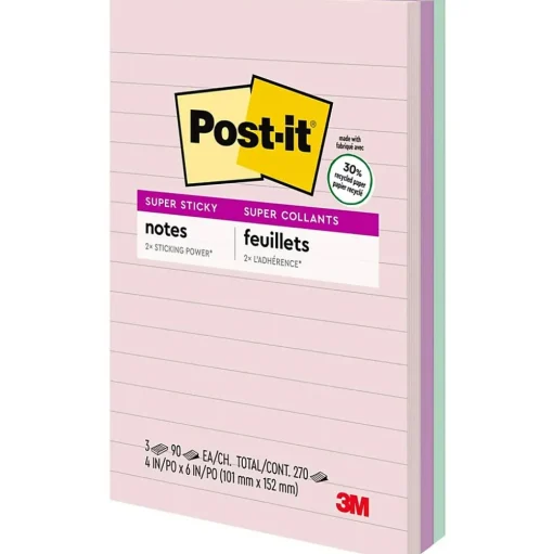 Post-it Post-It Notes<Recycled Super Sticky Notes, 4" x 6", Wanderlust Pastels Collection, Lined, 90 Sheet/Pad, 3 Pads/Pack (6603SSNRP)