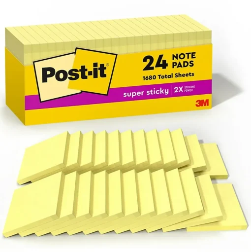 Post-it Post-It Notes<Super Sticky Notes, 3" x 3", Canary Collection, 90 Sheet/Pad, 24 Pads/Pack (65424SSCP)