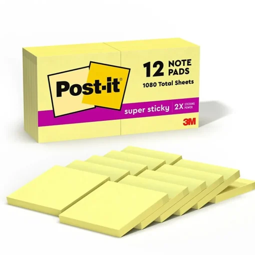 Post-it Post-It Notes<Super Sticky Notes, 3" x 3", Canary Collection, 90 Sheet/Pad, 12 Pads/Pack (65412SSCY)
