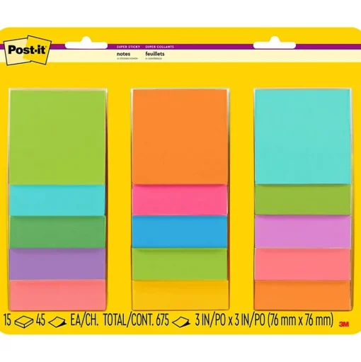 Post-it Post-It Notes<Super Sticky Notes, 3" x 3", Collection, 45 Sheet/Pad, 15 Pads/Pack (654-15SSMULTI2)