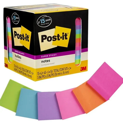 Post-it Post-It Notes<Super Sticky Notes, 3" x 3", Assorted Collection, 45 Sheet/Pad, 15 Pads/Pack (654-15SSCP)