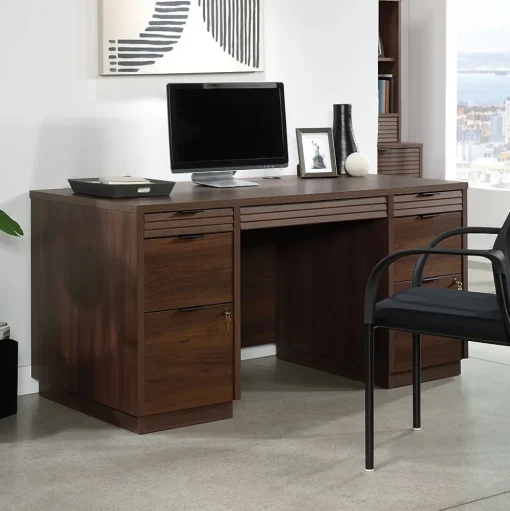 Sauder Corner Desks<Palo Alto 59"W Executive Desk, Spiced Mahogany (427792)