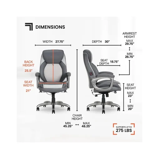 Sharper Image Ergonomic Chairs<S-600 Active Lumbar Ergonomic Bonded Leather Swivel Executive Massage Chair, (60098-GRY)