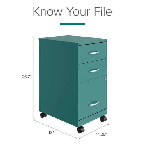 Space Solutions File Cabinets<3-Drawer Mobile Vertical File Cabinet, Letter Size, Lockable, 26.7"H x 14.25"W x 18"D, Teal (24431)