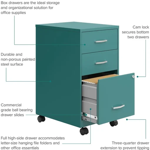 Space Solutions File Cabinets<3-Drawer Mobile Vertical File Cabinet, Letter Size, Lockable, 26.7"H x 14.25"W x 18"D, Teal (24431)