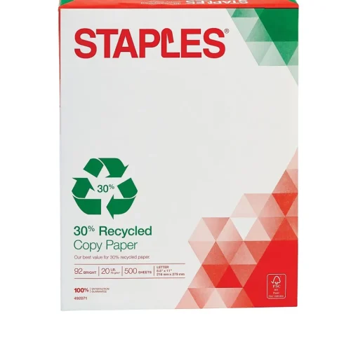 Staples Copy Paper<30% Recycled 8.5" x 11" Copy Paper, 20 lbs., 92 Brightness, 500 Sheets/Ream, 5 Reams/Carton (51959-US)