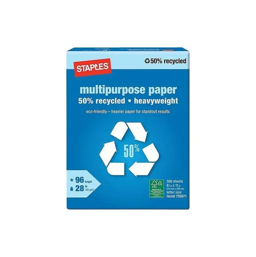 Staples Multipurpose Paper<50% Recycled Heavyweight 8.5" x 11" Multipurpose Paper, 28 lbs., 96 Brightness, 500/Ream (86058)