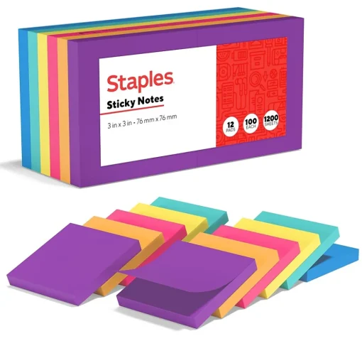 Staples Sticky Notes<Notes, 3" x 3", Sorbet Collection, 100 Sheet/Pad, 12 Pads/Pack (S-33BO12/52566)