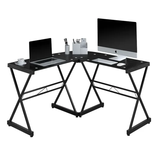 Techni Mobili L-Desks<L-Shaped Glass Top Computer Corner Desk, Black (RTA-3805L-BK)