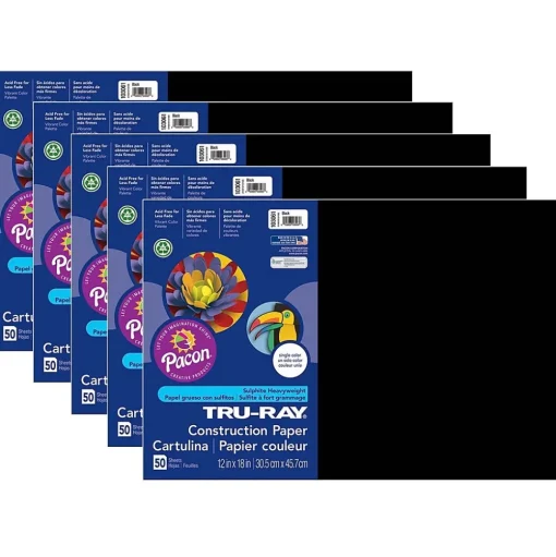 Tru-Ray Construction Paper<12" x 18" Construction Paper, Black, 50 Sheets/Pack, 5 Packs/Bundle (PAC103061-5)
