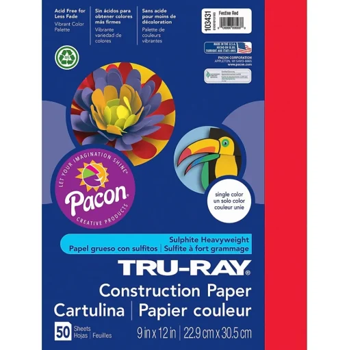 Pacon Construction Paper<Tru-Ray® Construction Paper, Festive Red, 9" x 12", 50 Sheets Per Pack, 5 Packs (PAC103431-5)